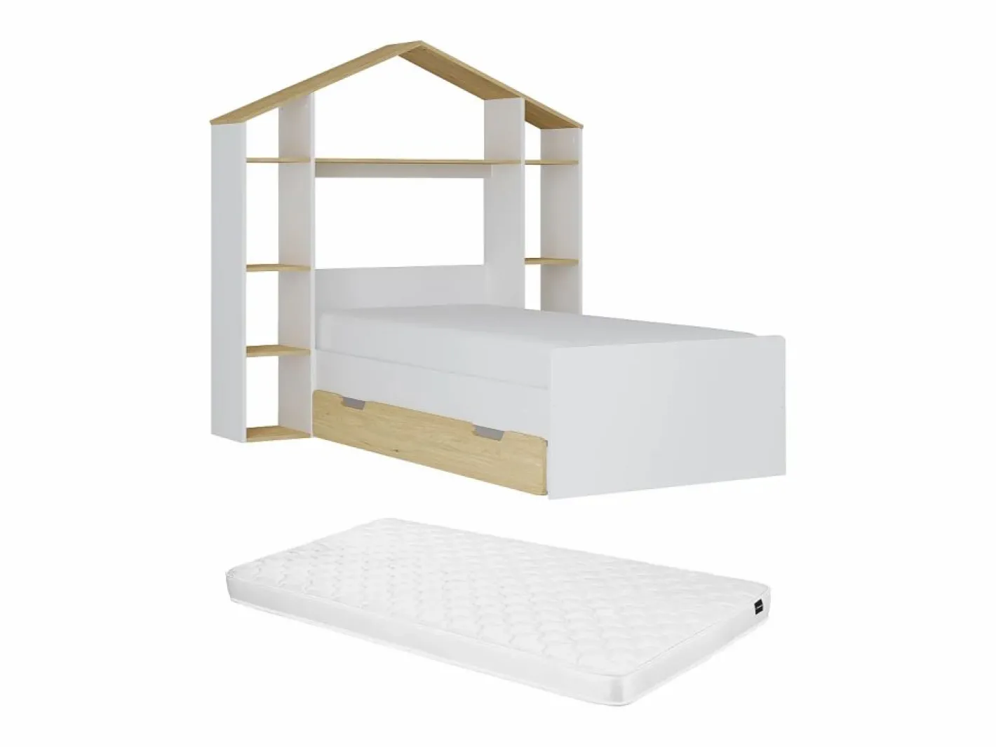 Vente-unique Cama Montessori|Cama cabaña 90 x 190 cm color blanco y natural + colchón - JERACO