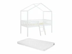 Vente-unique Cama cabaña altura media 90 x 190 cm en pino color + colchón - NALENY Blanco Best