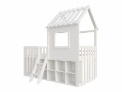 ModernLuxe Cama Montessori|Cama cabaña infantil 90x200 cm - con tejado + ventana - con escalera de 2 peldaños y estanterías -
