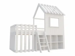 ModernLuxe Cama Montessori|Cama cabaña infantil 90x200 cm - con tejado + ventana - con escalera de 2 peldaños y estanterías -
