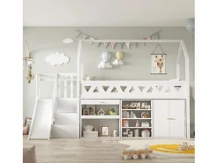 DripeX Cama cabaña 90x200 cm - Cajón y casillero - Con tobogán y escaleras de puerta magnética - Madera maciza - Blanco Hot