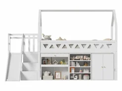 DripeX Cama cabaña 90x200 cm - Cajón y casillero - Con tobogán y escaleras de puerta magnética - Madera maciza - Blanco Hot