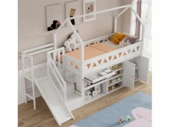 DripeX Cama cabaña 90x200 cm - Cajón y casillero - Con tobogán y escaleras de puerta magnética - Madera maciza - Blanco Hot