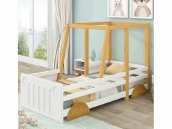 Merax Cama Montessori|Cama cabina - 90 x 200 cm - MDF y pino - somier de láminas - colores blanco y natural