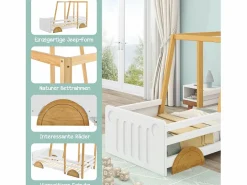 Merax Cama Montessori|Cama cabina - 90 x 200 cm - MDF y pino - somier de láminas - colores blanco y natural