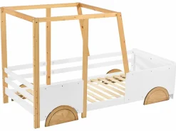 Merax Cama Montessori|Cama cabina - 90 x 200 cm - MDF y pino - somier de láminas - colores blanco y natural
