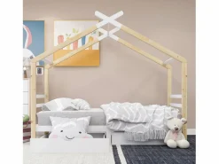 Cama cabina 90 x 200 cm con 2 cajones - Madera maciza - Somier de láminas - + color madera (Sin colchón)^Merax Best
