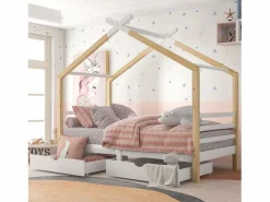 Cama cabina 90 x 200 cm con 2 cajones - Madera maciza - Somier de láminas - + color madera (Sin colchón)^Merax Best