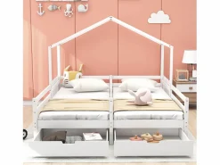 Merax Cama cabina 2 x 90 x 200 cm con 2 cajones - Madera de pino y MDF - Barras y somier - Blanco Hot