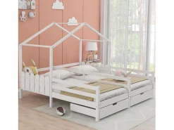 Merax Cama cabina 2 x 90 x 200 cm con 2 cajones - Madera de pino y MDF - Barras y somier - Blanco Hot