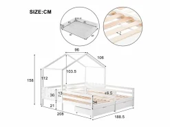 Merax Cama cabina 2 x 90 x 200 cm con 2 cajones - Madera de pino y MDF - Barras y somier - Blanco Hot