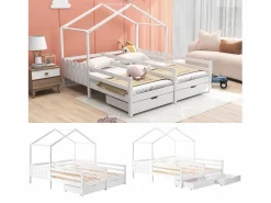 Merax Cama cabina 2 x 90 x 200 cm con 2 cajones - Madera de pino y MDF - Barras y somier - Blanco Hot