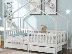 Merax Cama Montessori|Cama cabina con 2 cajones - 90 x 200 cm - madera de pino - somier de láminas -