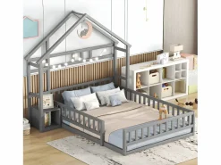 ModernLuxe Cama cabina para niños 140x200 cm con mesita de noche y barandillas de seguridad - somier - Gris Outlet