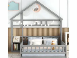 ModernLuxe Cama cabina para niños 140x200 cm con mesita de noche y barandillas de seguridad - somier - Gris Outlet
