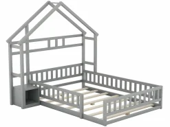 ModernLuxe Cama cabina para niños 140x200 cm con mesita de noche y barandillas de seguridad - somier - Gris Outlet