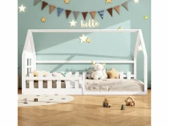 Cama cabina 140x200 cm - Cama infantil con barandillas de seguridad y somier - pino y MDF - Blanco Sale