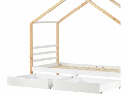 ModernLuxe Cama Montessori|Cama cabina 90x200 cm de madera maciza con 2 cajones - Natural & White