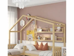 ModernLuxe Cama Montessori|Cama cabina 90x200cm + 140x70cm de madera maciza - con cajones y estantes + somier - Natural