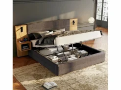 Cama canapé de 180 x 200 cm con gran cabecero y 2 mesitas de noche - Toma USB y 2 lámparas de lectura - Madera y terciopelo - + natural (sin colchón)^Merax Outlet