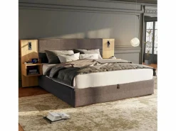 Cama canapé de 180 x 200 cm con gran cabecero y 2 mesitas de noche - Toma USB y 2 lámparas de lectura - Madera y terciopelo - + natural (sin colchón)^Merax Outlet