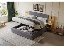 Cama canapé de 180 x 200 cm con gran cabecero y 2 mesitas de noche - Toma USB y 2 lámparas de lectura - Madera y terciopelo - + natural (sin colchón)^Merax Outlet