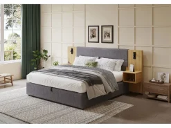 Cama canapé de 180 x 200 cm con gran cabecero y 2 mesitas de noche - Toma USB y 2 lámparas de lectura - Madera y terciopelo - + natural (sin colchón)^Merax Outlet