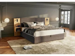 Cama canapé de 180 x 200 cm con gran cabecero y 2 mesitas de noche - Toma USB y 2 lámparas de lectura - Madera y terciopelo - + natural (sin colchón)^Merax Outlet