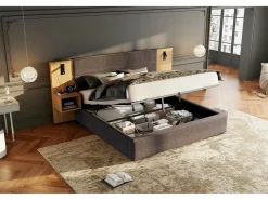 Cama canapé de 180 x 200 cm con gran cabecero y 2 mesitas de noche - Toma USB y 2 lámparas de lectura - Madera y terciopelo - + natural (sin colchón)^Merax Outlet