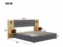 Cama canapé de 180 x 200 cm con gran cabecero y 2 mesitas de noche - Toma USB y 2 lámparas de lectura - Madera y terciopelo - + natural (sin colchón)^Merax Outlet