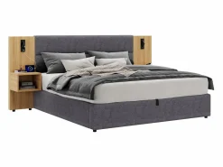 Cama canapé de 180 x 200 cm con gran cabecero y 2 mesitas de noche - Toma USB y 2 lámparas de lectura - Madera y terciopelo - + natural (sin colchón)^Merax Outlet