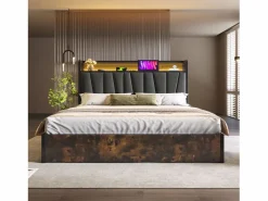 Cama canapé para adulto 180x200cm con estructura de metal - cabecero con USB y LED - lino (sin colchón)^ New
