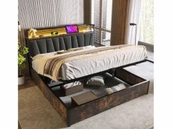 Cama canapé para adulto 180x200cm con estructura de metal - cabecero con USB y LED - lino (sin colchón)^ New