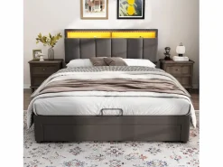 Merax Cama canapé 140x190 cm con cabecero y 2 cajones - LED - Tejido de lino - (sin colchón) Gris Discount