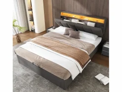 Merax Cama canapé 140x190 cm con cabecero y 2 cajones - LED - Tejido de lino - (sin colchón) Gris Discount
