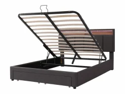 Merax Cama canapé 140x190 cm con cabecero y 2 cajones - LED - Tejido de lino - (sin colchón) Gris Discount