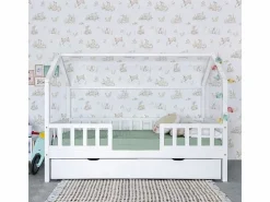 Cama casita con barandilla + cama elevable madera 90x190cm Blanco Clearance