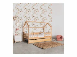 Cama Montessori|Cama casita con barandilla + cama de arrastre madera pino 90x190cm
