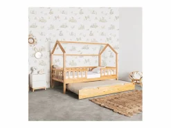 Cama Montessori|Cama casita con barandilla + cama de arrastre madera pino 90x190cm