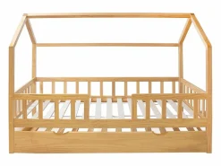 Cama Montessori|Cama casita con barandilla + cama de arrastre madera pino 90x190cm