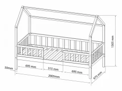 Cama Montessori|Cama casita con barandilla + cama de arrastre madera pino 90x190cm