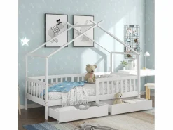 ModernLuxe Cama Montessori|Cama casita infantil 90×200 cm - en madera maciza + MDF - con 2 cajones - con protección anti-caídas y somier de láminas -