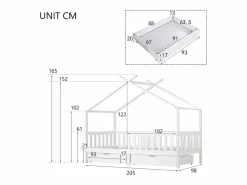 ModernLuxe Cama Montessori|Cama casita infantil 90×200 cm - en madera maciza + MDF - con 2 cajones - con protección anti-caídas y somier de láminas -