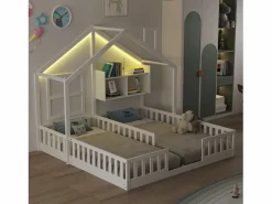ModernLuxe Cama casita infantil 90 x 200 cm - con iluminación LED - con barreras de seguridad - con estantes de almacenamiento - ​ (colchón no incluido) Blanco Sale