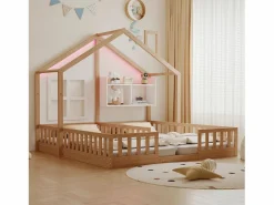 Cama casita infantil 90 x 200 cm - con iluminación LED - con barreras de seguridad - con estantes de almacenamiento - natural​ (colchón no incluido)^ModernLuxe Best