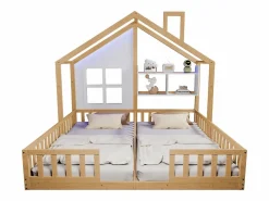 Cama casita infantil 90 x 200 cm - con iluminación LED - con barreras de seguridad - con estantes de almacenamiento - natural​ (colchón no incluido)^ModernLuxe Best