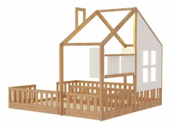 Cama casita infantil 90 x 200 cm - con iluminación LED - con barreras de seguridad - con estantes de almacenamiento - natural​ (colchón no incluido)^ModernLuxe Best
