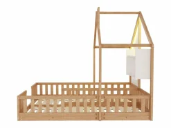 Cama casita infantil 90 x 200 cm - con iluminación LED - con barreras de seguridad - con estantes de almacenamiento - natural​ (colchón no incluido)^ModernLuxe Best