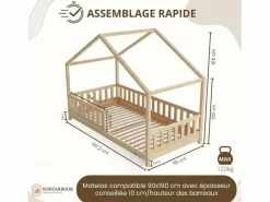 Cama casita infantil BOSCO 90x190 cm en madera de pino natural barnizada con somier de lamas – Estilo escandinavo unisex^ Clearance
