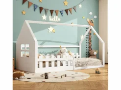 Cama casita infantil 90x200 cm - con barrotes de seguridad - Estructura de madera blanca - Estilo escandinavo limpio (sin colchón)^Hauss Spole Clearance